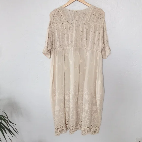 Johnny Was Ambre Midi Dress Embroidery Eyelet Empire Waist Ivory Cream L